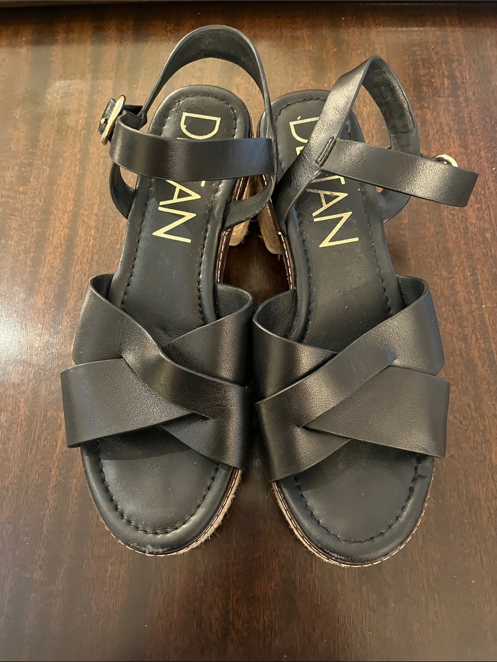 DAN Black Cross-Front Wedge Sandals with Ankle Strap